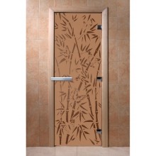 Дверь стеклянная DoorWood 600*1900 "Бамбук и бабочки Бронза матовая" стекло бронза матовая 8 мм, коробка ольха, ручка алюминий/дерево