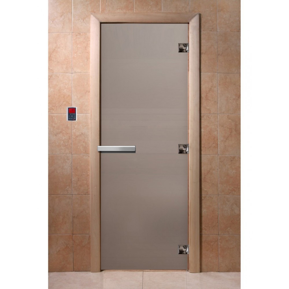Дверь стеклянная DoorWood 600*1800 "Теплое утро" стекло сатин матовый 8 мм, коробка ольха, ручка алюминий/дерево