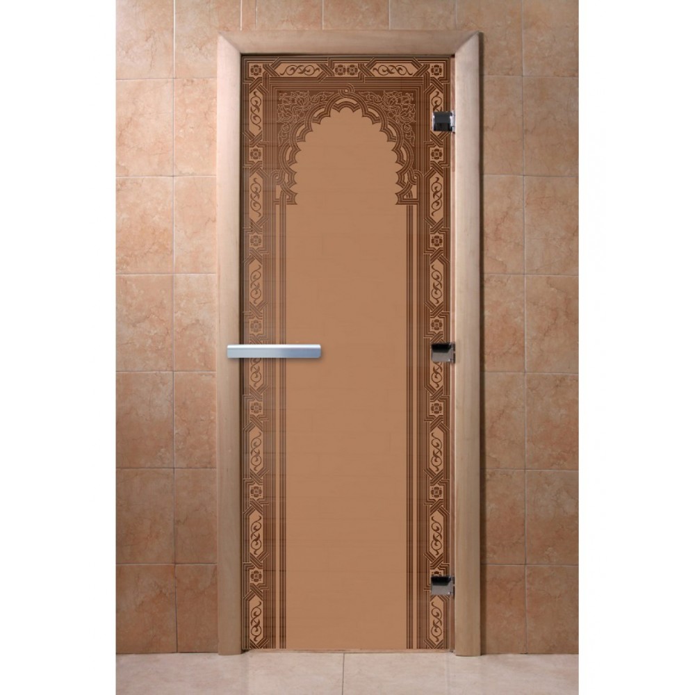 Дверь стеклянная DoorWood 900*2000 "Восточная Арка Бронза матовая" стекло бронза матовая 8 мм, коробка ольха, ручка алюминий/дерево