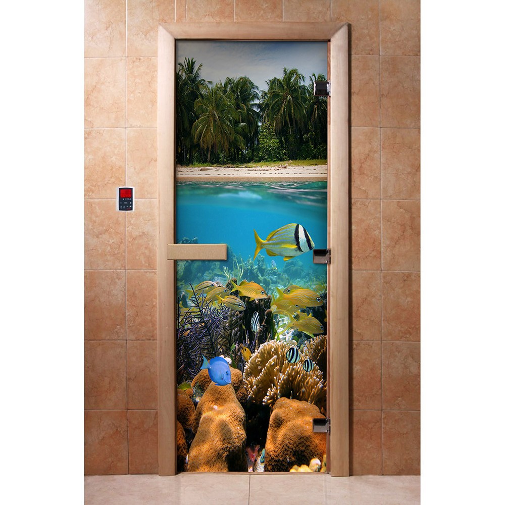 Дверь стеклянная DoorWood 700*1900 "С фотопечатью A067" стекло с фото-рисунком 8 мм, коробка ольха, деревянная ручка