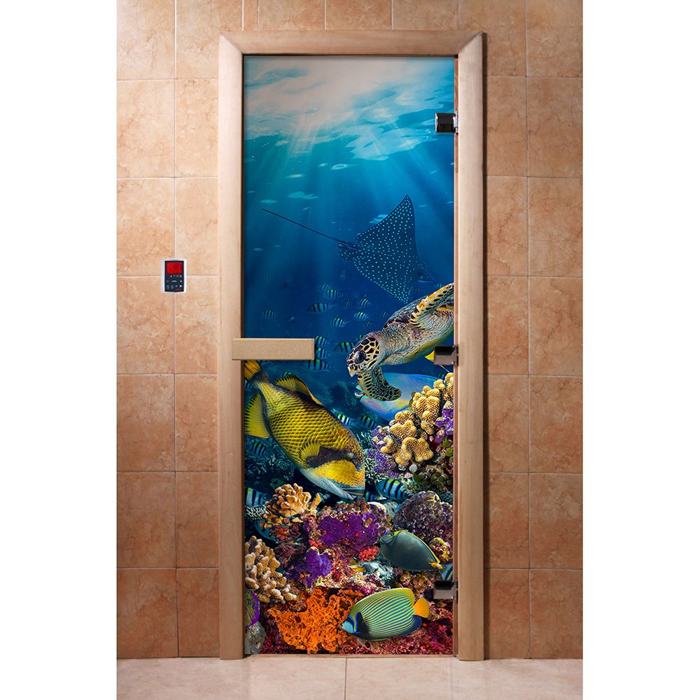 Дверь стеклянная DoorWood 800*2000 "С фотопечатью A085" стекло с фото-рисунком 8 мм, коробка ольха, деревянная ручка