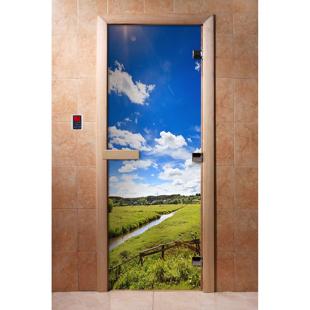Дверь стеклянная DoorWood 700*1900 "С фотопечатью A092" стекло с фото-рисунком 8 мм, коробка ольха, деревянная ручка