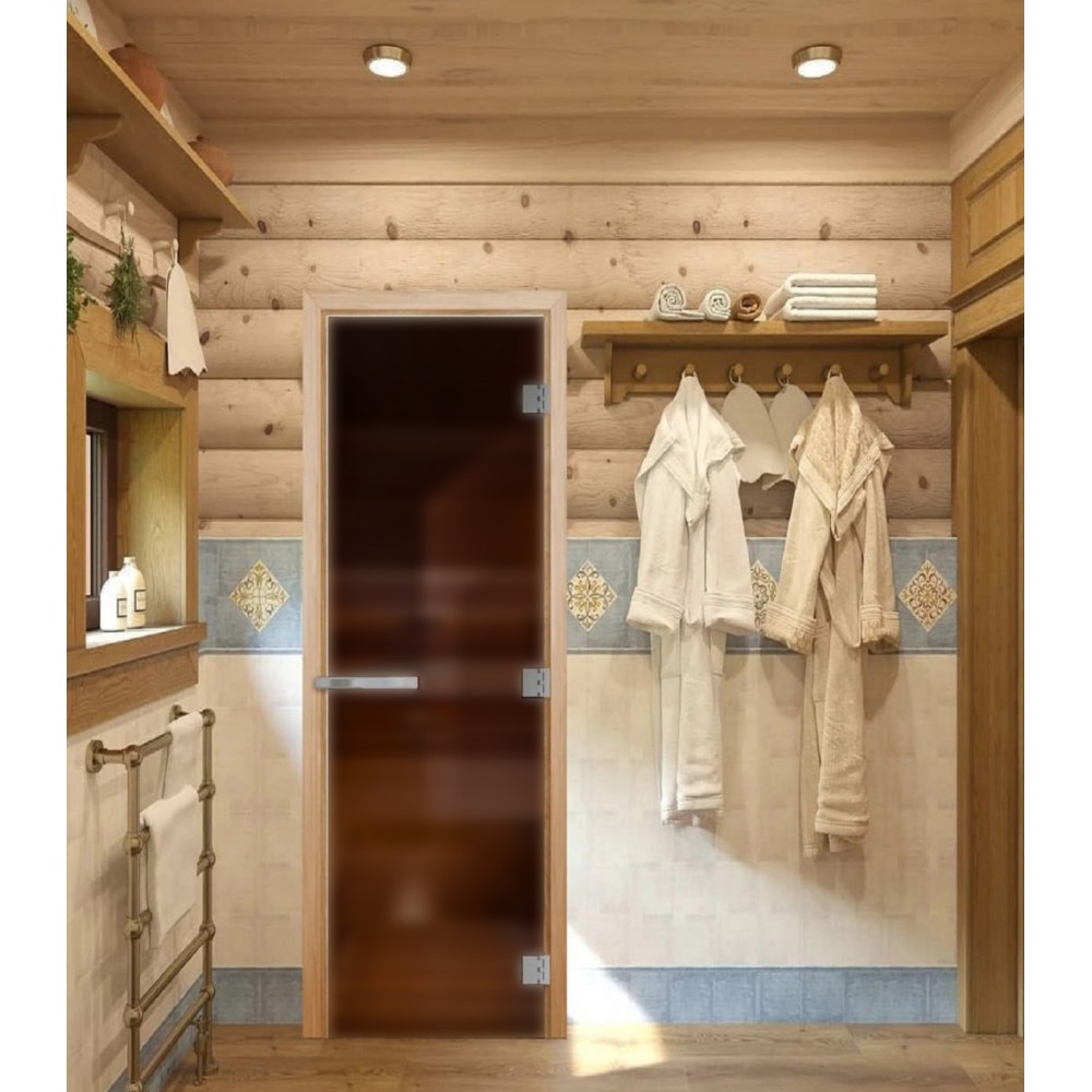 Дверь стеклянная DoorWood 700*1900 "Эталон Лайт матовая Бронза" стекло бронза матовая 8 мм, коробка осина, ручка алюминий/дерево