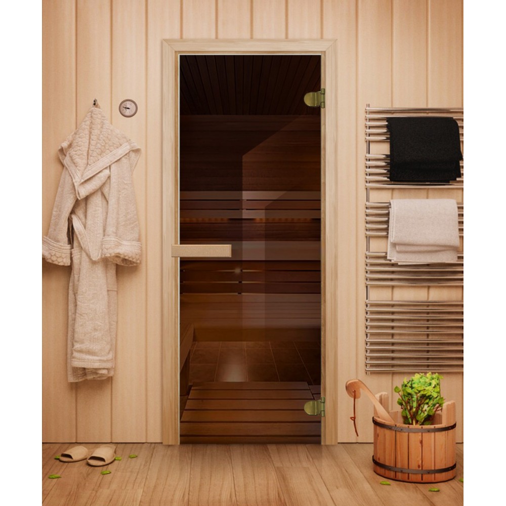 Дверь стеклянная DoorWood 800*2000 "Теплый день" стекло бронза прозрачная 8 мм, коробка осина, деревянная ручка