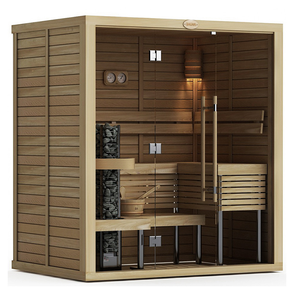 Сборная финская сауна SAWO Glass Front 1420ML-CD-G (1,4м х 2,0м, кедр, полностью стеклянная стена, дизайн Classic, правосторонняя дверь) без оборудования