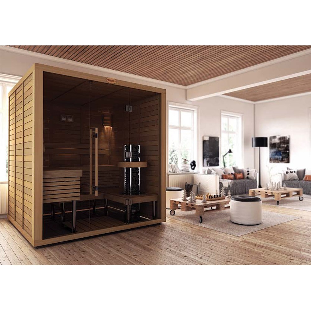 Сборная финская сауна SAWO Glass Front 1420ML-CD-G (1,4м х 2,0м, кедр, полностью стеклянная стена, дизайн Classic, правосторонняя дверь) без оборудования