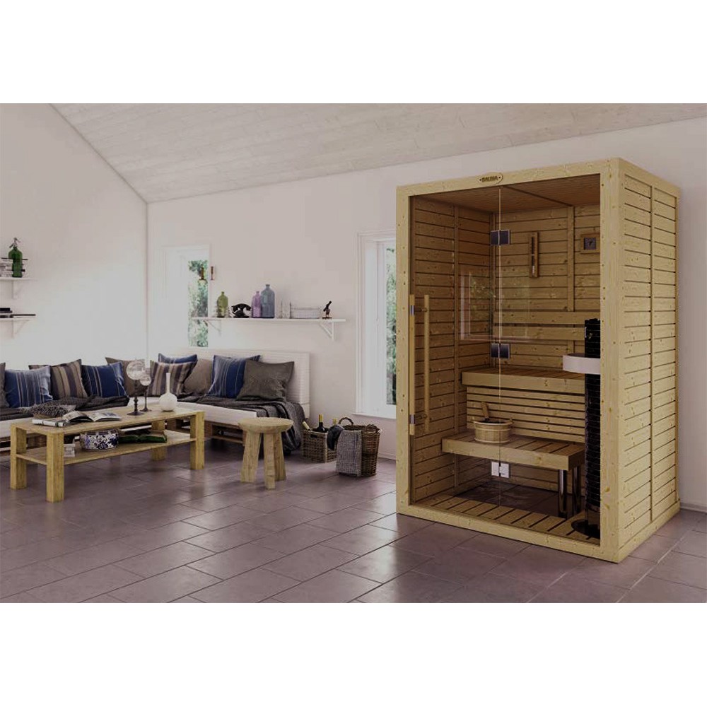 Сборная финская сауна SAWO Glass Front 1414RS-CD-G (1,4м х 1,4м, кедр, полностью стеклянная стена, дизайн Classic, правосторонняя дверь) без оборудования