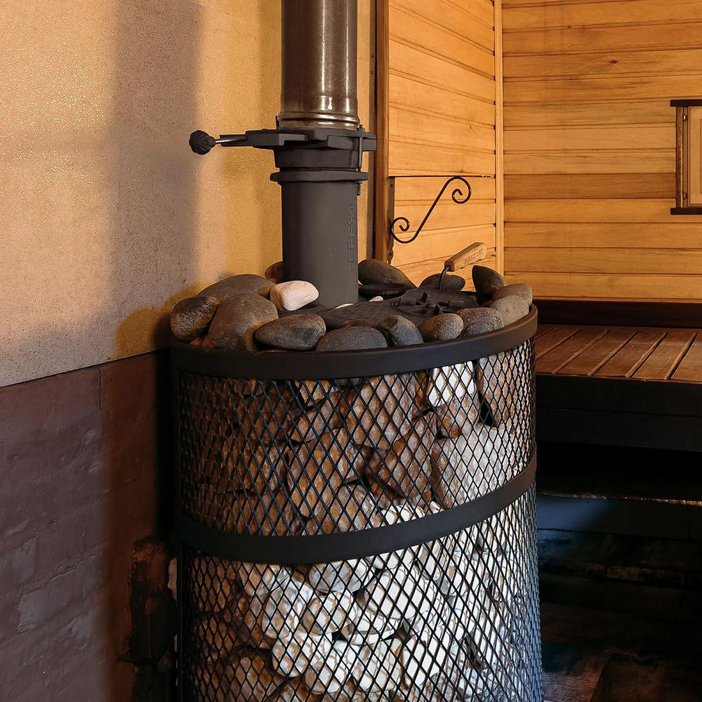 Печь Авангард ЗК 35 Ураган (П2) с сеткой для камней и панорамной дверцей со стеклом для парных до 35 м³