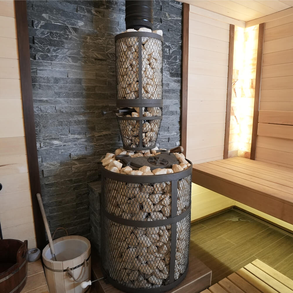 Печь Авангард ЗК 35 Ураган (П2) с сеткой для камней и панорамной дверцей со стеклом для парных до 35 м³