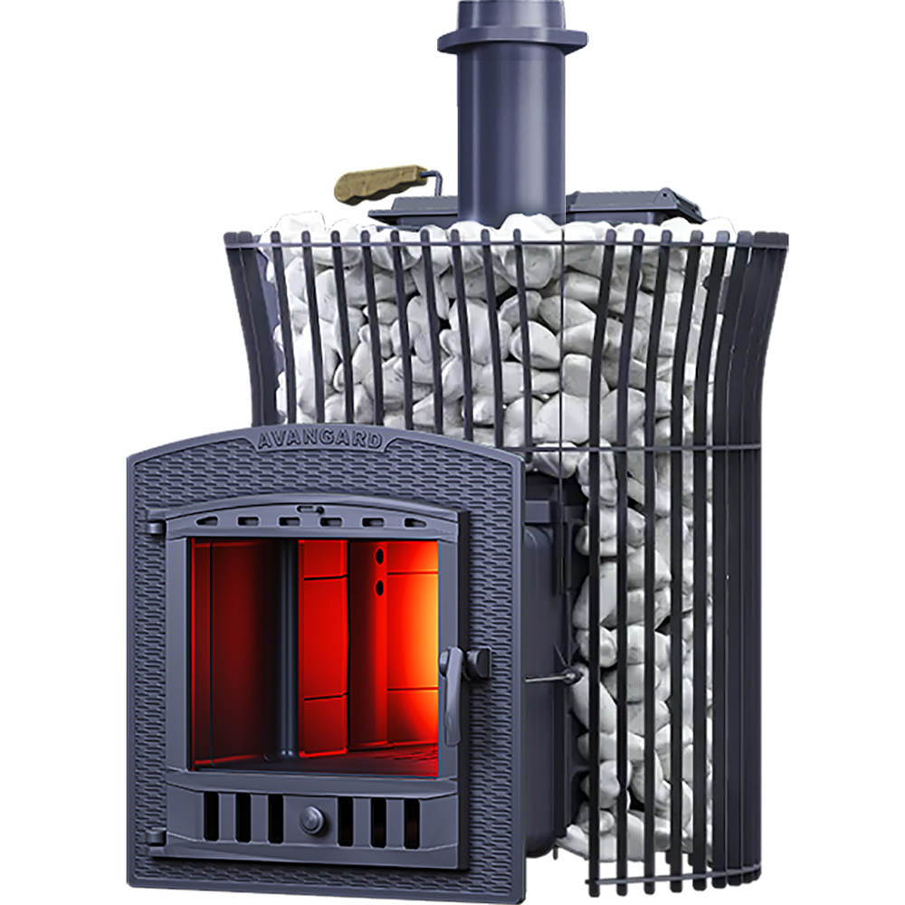 Печь Гефест Авангард ЗК 35 Ураган (П2) с сеткой для камней Тюльпан и панорамной дверцей со стеклом для парных до 35 м³