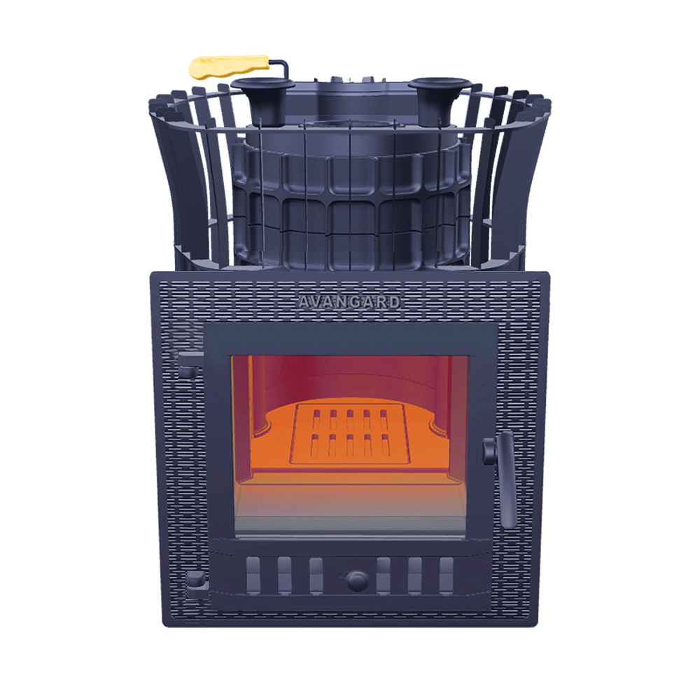 Печь Гефест Авангард ЗК Ураган (М) с сеткой для камней Тюльпан и дверцей со стеклом для парных до 25 м³