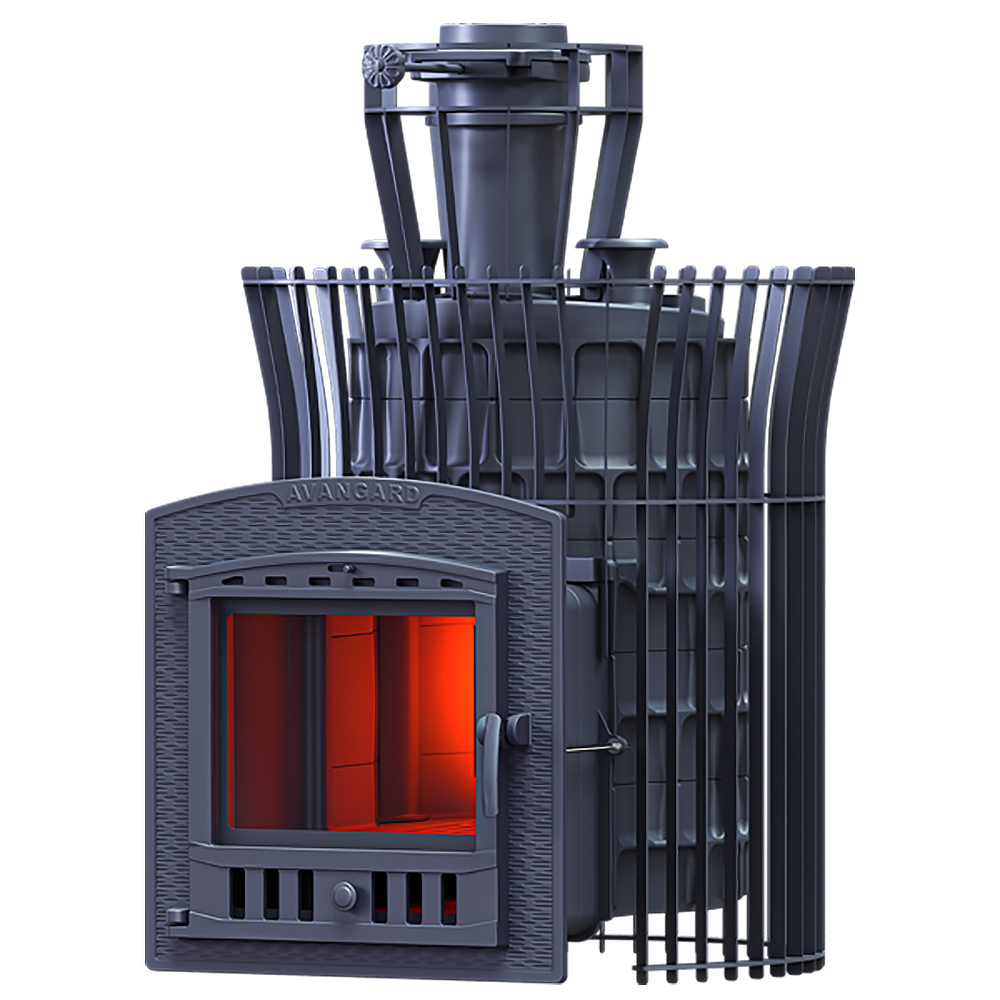 Печь Авангард ЗК 25 Ураган (П2) с сеткой для камней Тюльпан и панорамной дверцей со стеклом для парных до 25 м³