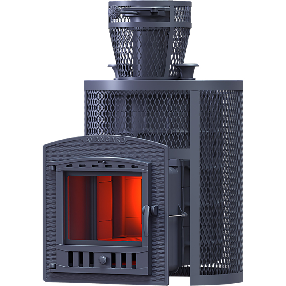 Печь Авангард ЗК 35 Ураган (П2) с сеткой для камней и панорамной дверцей со стеклом для парных до 35 м³