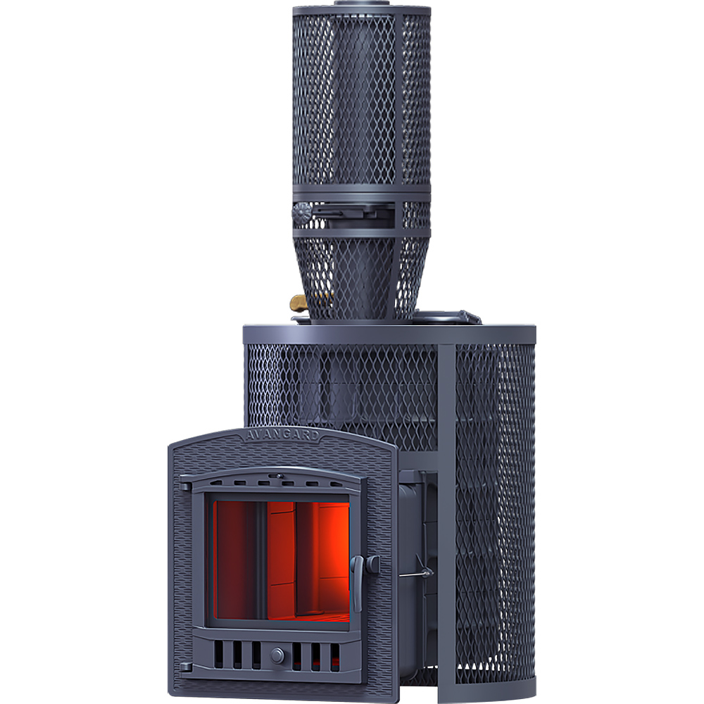 Печь Авангард ЗК 35 Ураган (П2) с сеткой для камней и панорамной дверцей со стеклом для парных до 35 м³