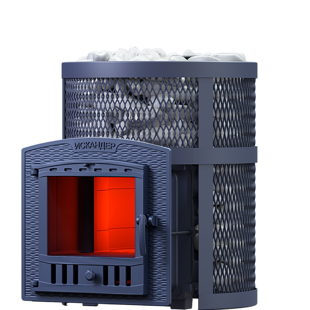 Печь Искандер ЗК 18 Ураган с сеткой для камней и панорамной дверцей со стеклом для парных до 18 м³
