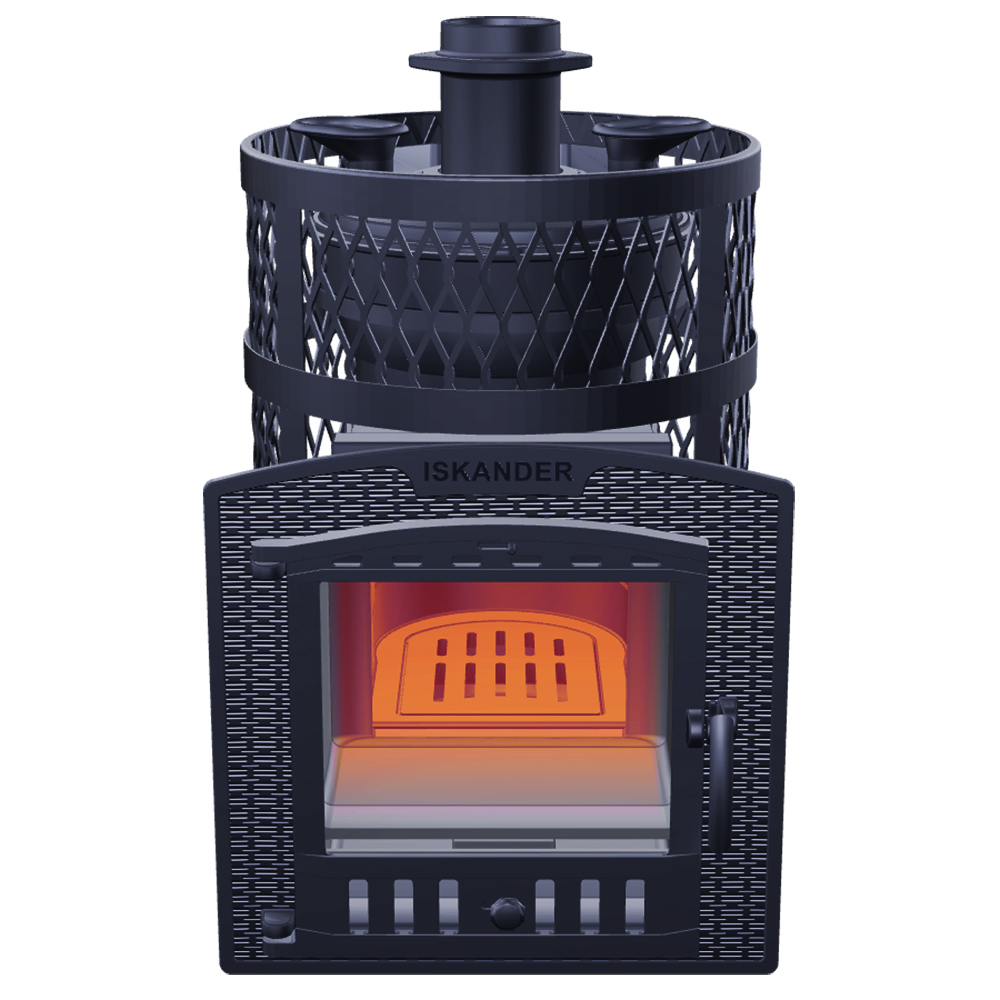 Печь Искандер ЗК 16 Ураган с сеткой для камней и панорамной дверцей со стеклом для парных до 16 м³