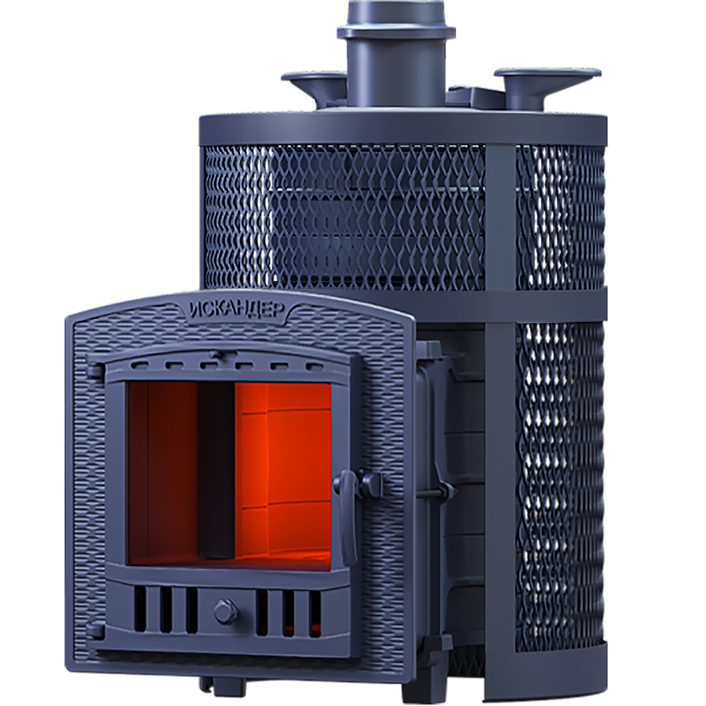 Печь Искандер ЗК 18 Pro Ураган  с доп. кольцом, с сеткой для камней и панорамной дверцей со стеклом для парных до 18 м³