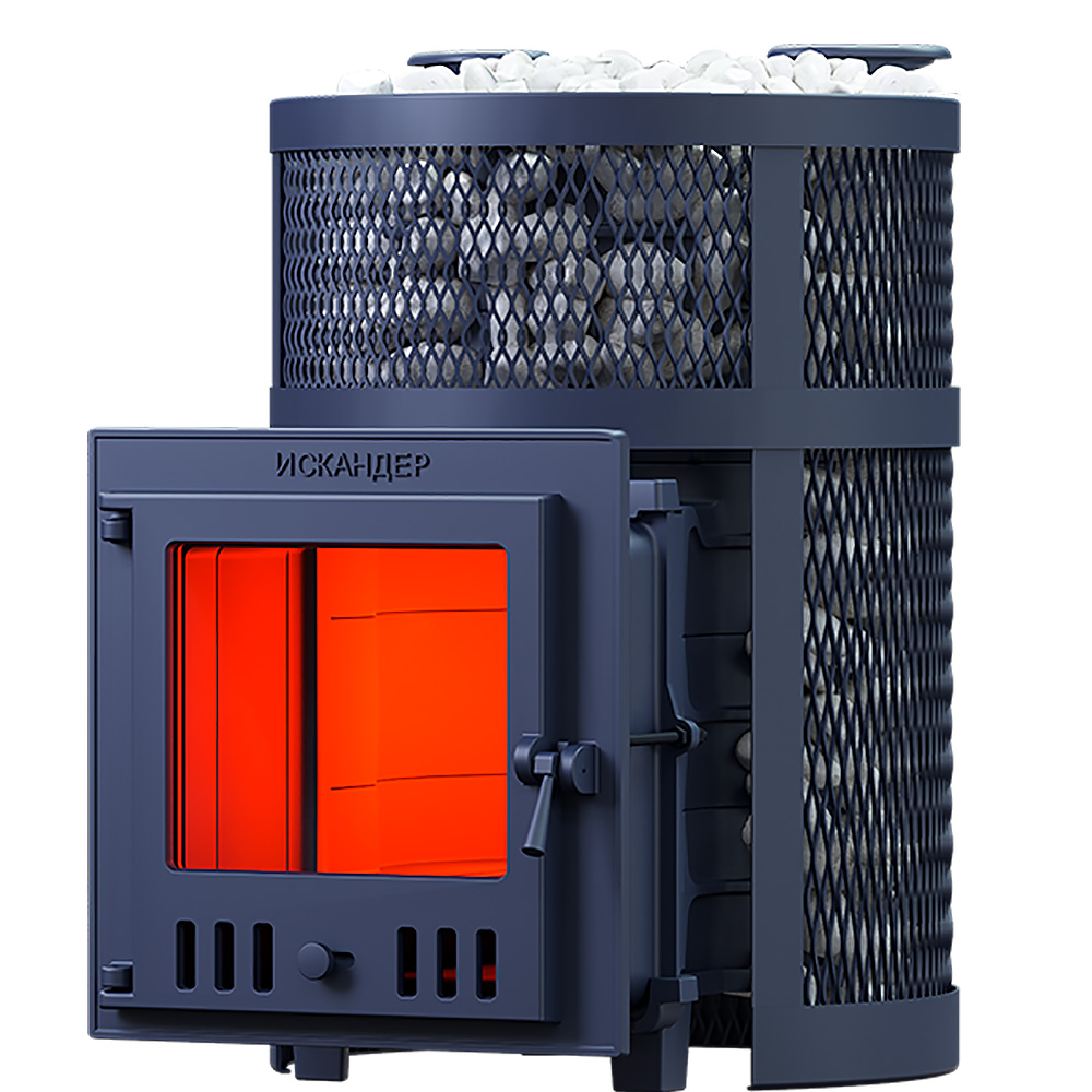Печь Искандер ЗК 25 Pro Ураган с доп. кольцом, с сеткой для камней и дверцей со стеклом для парных до 25 м³