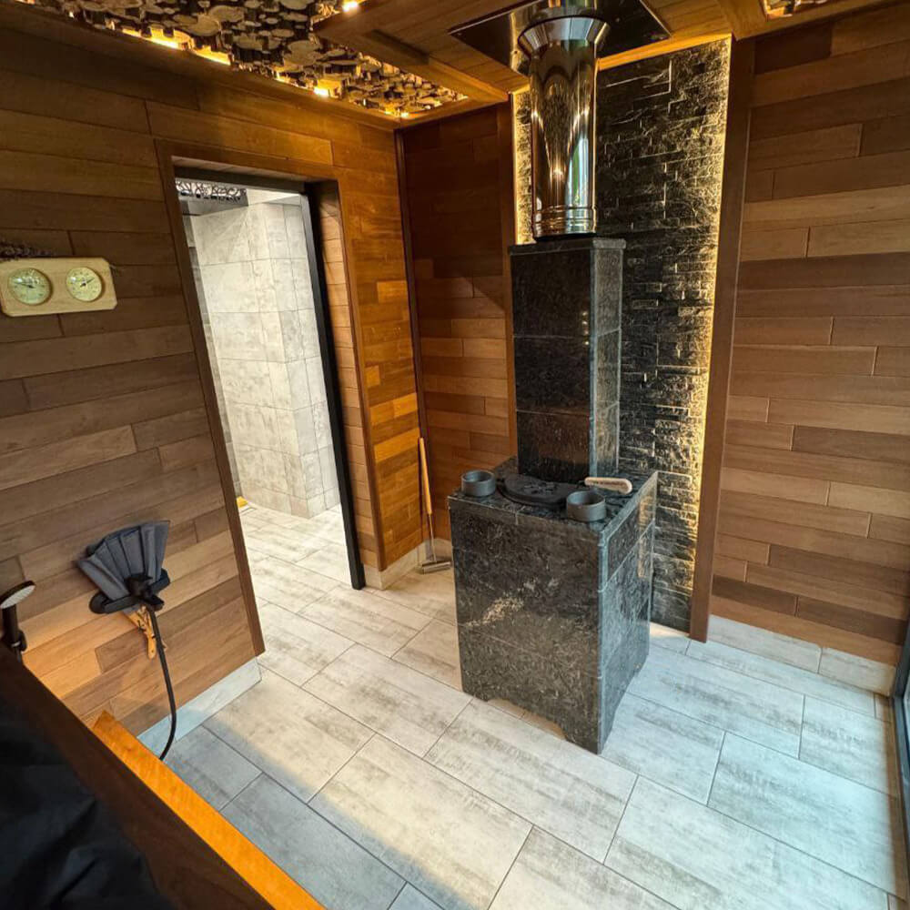 Печь Авангард ЗК 40 в облицовке Классика 1065/45 Пироксенит и панорамной дверцей со стеклом для парных до 40 м³