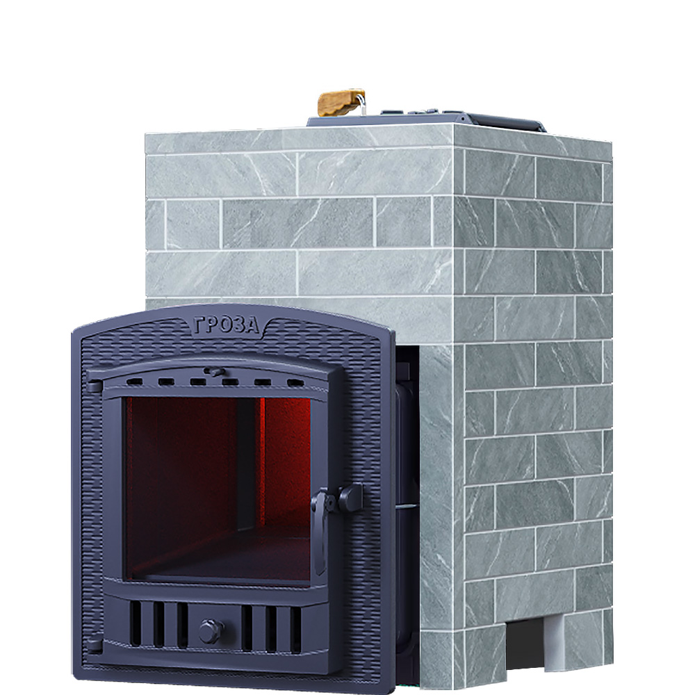 Печь Гроза 18 в облицовке Классика 850/40 Талькохлорит кирпич и панорамной дверцей со стеклом для парных до 18 м³