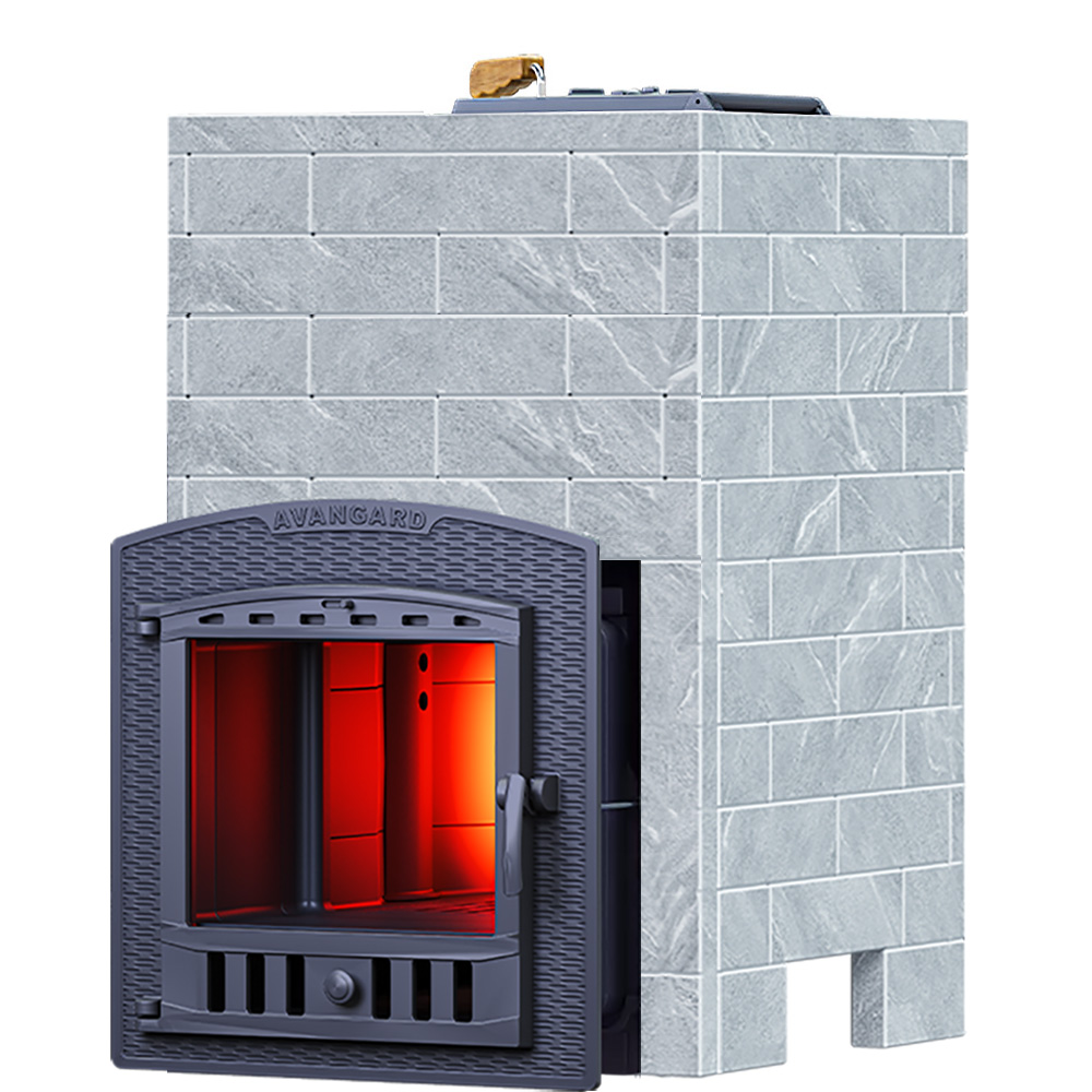 Печь Гроза 18 в облицовке Классика 850/30/40 Талькохлорит вирпич и панорамной дверцей со стеклом для парных до 18 м³