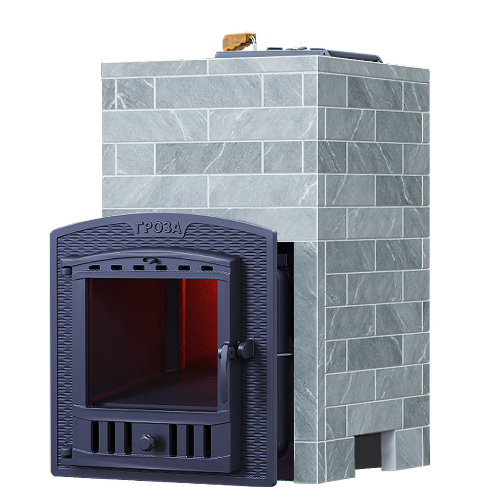 Печь Гроза 24 в облицовке Классика 930/40 Талькохлорит кирпич и панорамной дверцей со стеклом для парных до 24 м³