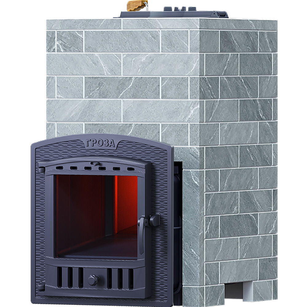 Печь Гроза 24 в облицовке Классика 930/40 Талькохлорит кирпич и панорамной дверцей со стеклом для парных до 24 м³