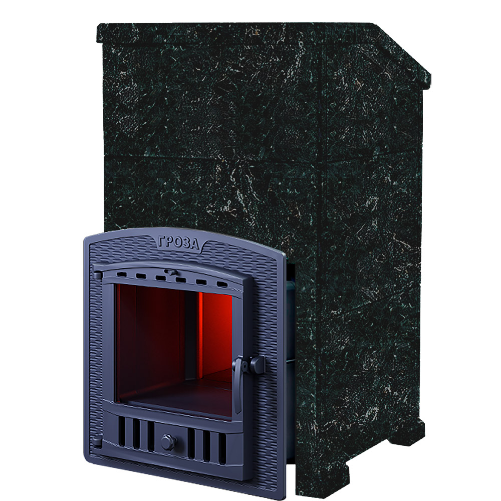 Печь Гроза 24 в облицовке Классика 930/30/40 Пироксенит и панорамной дверцей со стеклом для парных до 24 м³