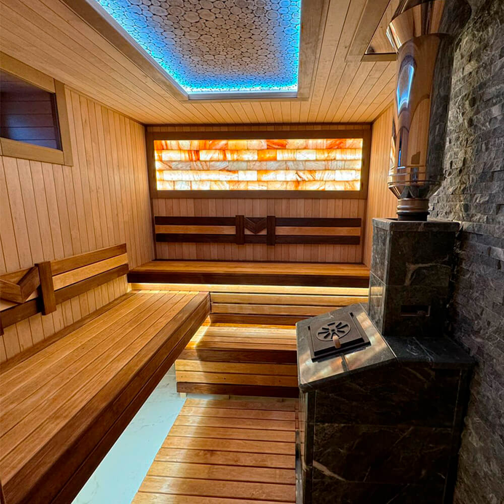 Печь Гроза 24 в облицовке Классика 930/30/40 Пироксенит и панорамной дверцей со стеклом для парных до 24 м³