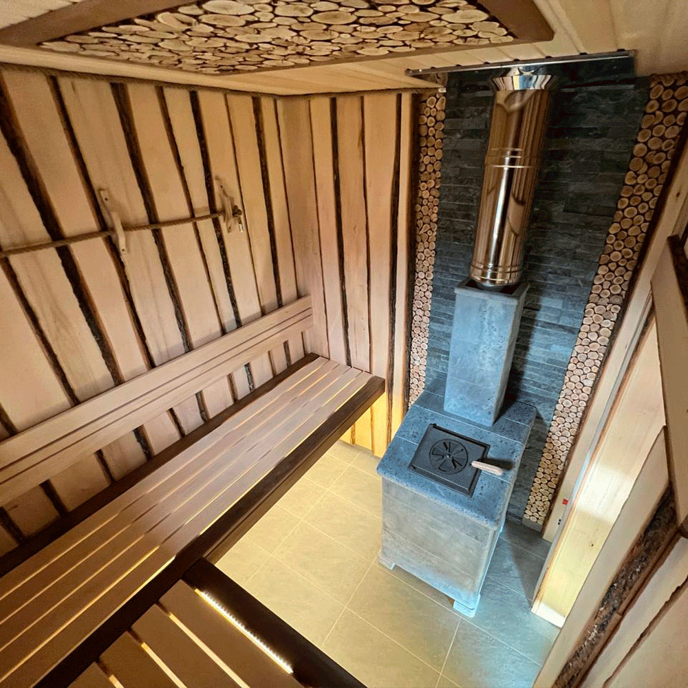 Печь Гроза 18 в облицовке Президент 850/30/40 Талькохлорит и дверцей со стеклом для парных до 18 м³